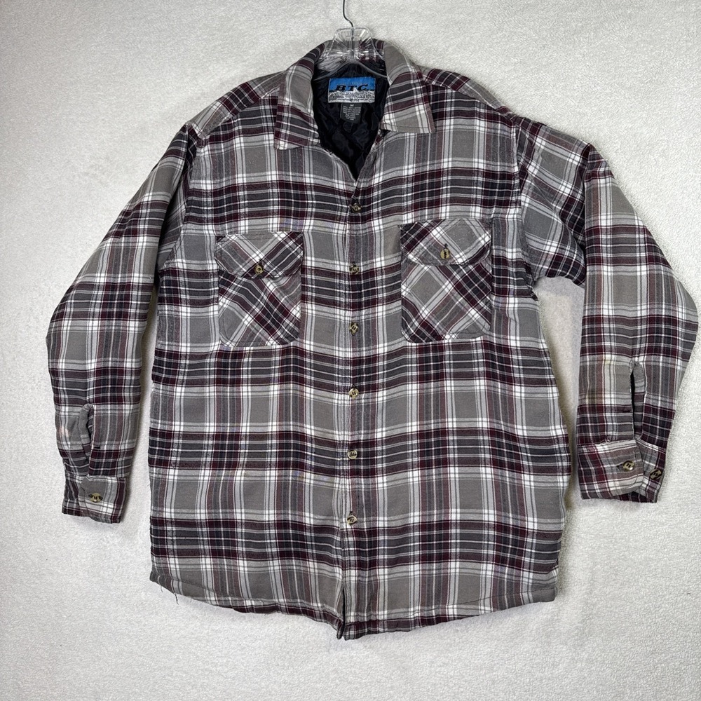BTC Flannel Puffer Button-Up Jacket Burgundy Gray Plaid Size M